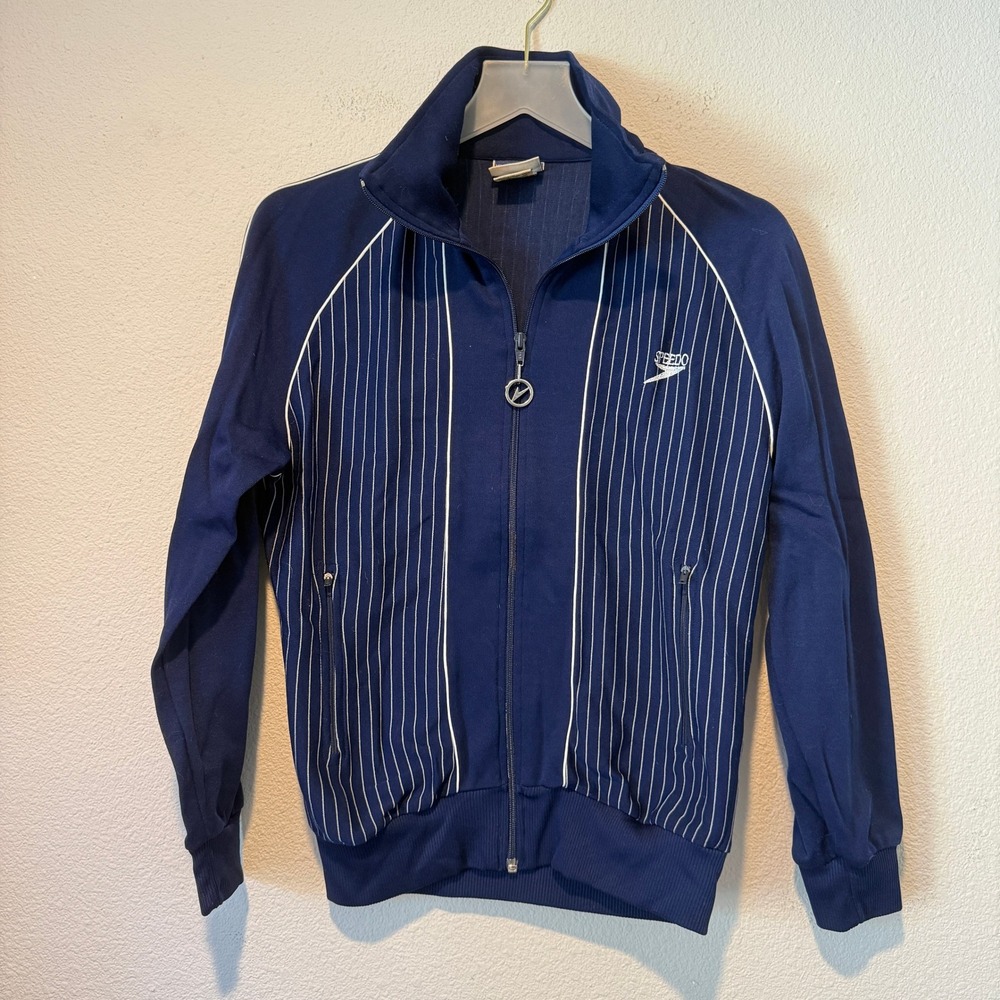 Vintage Speedo Mens Navy Blue Pinstripe Full Zip Track Jacket Size Small Retro